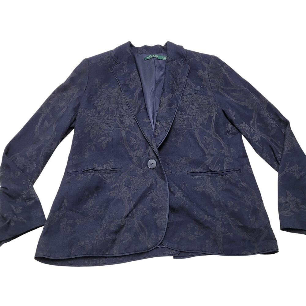 Ralph Lauren jacquard print textured blazer single button blue floral bird